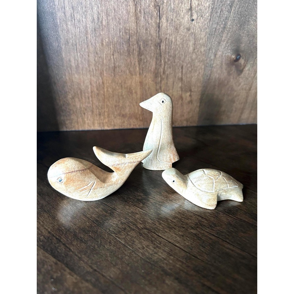 Lot Of 3 Mini Hand Carved Wood Figurines Whale‎ Turtle Penguin Shelf Sitters